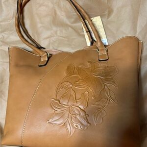Tan Leather Tote with Embossed Floral Design